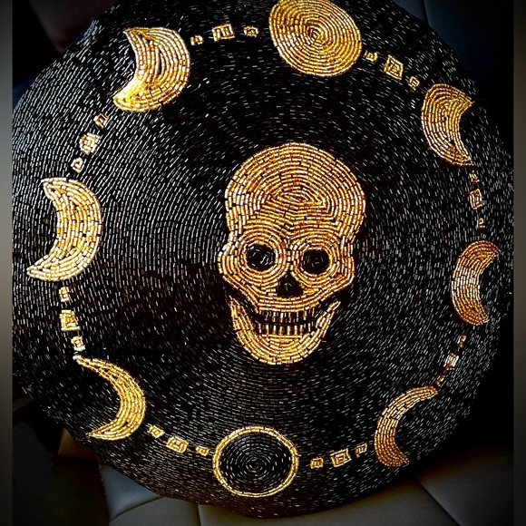 Skull & Moon Beaded Decorative Halloween Throw Pillow NEW - Picture 1 of 2
